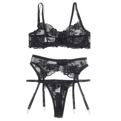 SUBBLIME - CONJUNTO DE 3 PEÇAS SUTI + TANGA + LIGA ESTAMPADO FLORAL PRETO S/M - D-239313 - Dona Pimenta