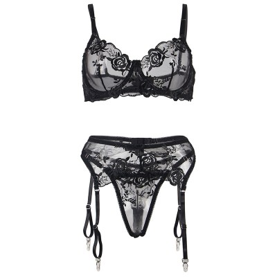 SUBBLIME - CONJUNTO DE 3 PEÇAS SUTI + TANGA + LIGA ESTAMPADO FLORAL PRETO S/M - D-239313 - Dona Pimenta