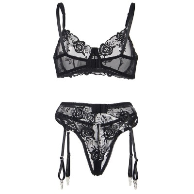 SUBBLIME - CONJUNTO DE 3 PEÇAS SUTI + TANGA + LIGA ESTAMPADO FLORAL PRETO S/M - D-239313 - Dona Pimenta