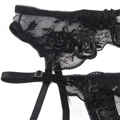 SUBBLIME - CONJUNTO DE 3 PEÇAS SUTI + TANGA + LIGA ESTAMPADO FLORAL PRETO S/M - D-239313 - Dona Pimenta