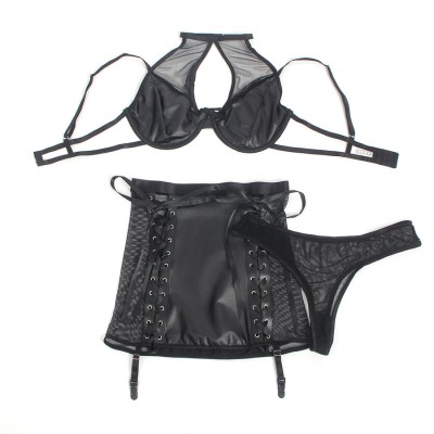SUBBLIME - 957582 CONJUNTO DE SUTIÃ E SAIA DE COURO PRETO S/M - D-242923 - Dona Pimenta