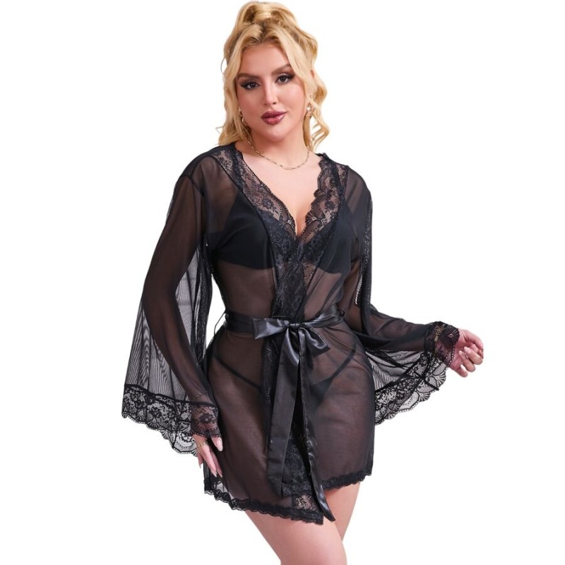 SUBBLIME - ROBE DE TECIDO TRANSPARENTE COM DETALHE DE RENDA PRETO S/M - D-239323 - Dona Pimenta