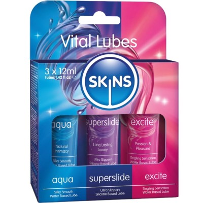 SKINS - KIT DE LUBRIFICANTES VITAL AQUA, SUPERSLIDE E EXCITE 3 x 12 ML - D-244883 - Dona Pimenta