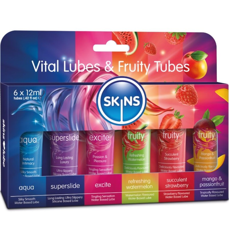 SKINS - KIT DE LUBRIFICANTES VITAL & FRUITY 6 x 12 ML - D-244885 - Dona Pimenta
