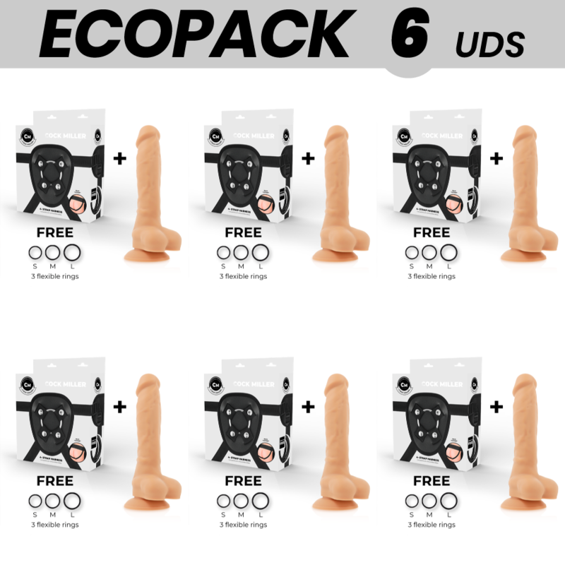 ECOPACK 6 UNIDADES - COCK MILLER ARNÊS + DENSIDADE DE SILICONE ARTICULVEL COCKSIL 18 CM - D-231461 - Dona Pimenta