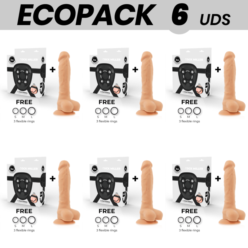 ECOPACK 6 UNIDADES - COCK MILLER ARNÊS + DENSIDADE DE SILICONE ARTICULVEL COCKSIL 19,5 CM - D-231462 - Dona Pimenta