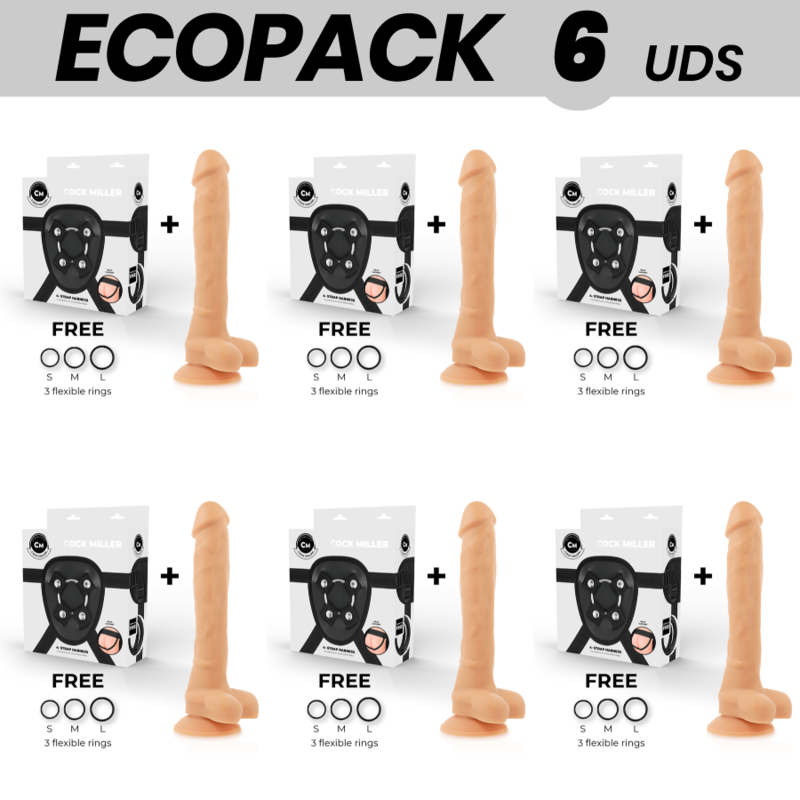 ECOPACK 6 UNIDADES - COCK MILLER ARNÊS + DENSIDADE DE SILICONE ARTICULVEL COCKSIL 24 CM - D-231464 - Dona Pimenta