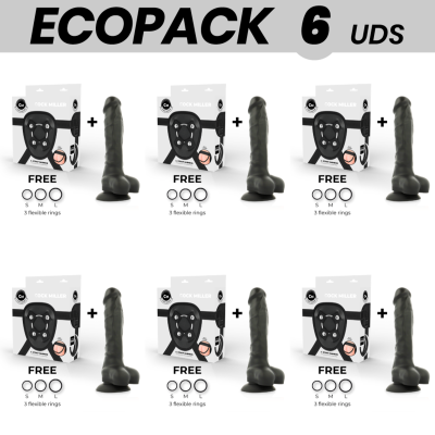 ECOPACK 6 UNIDADES - COCK MILLER ARNÊS + DENSIDADE DE SILICONE ARTICULVEL PRETO COCKSIL 18 CM - D-231466 - Dona Pimenta