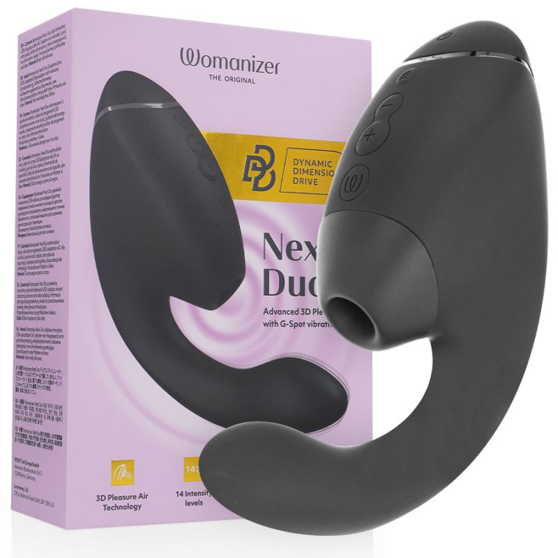 WOMANIZER - DUO NEXT ESTIMULADOR DUPLO DE CLITOR E PONTO G PRETO - D-245099 - Dona Pimenta