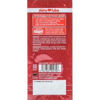 SKINS - LUBRIFICANTE À BASE DE ÁGUA COM SABOR FRUTADO DE MORANGO - DOSE ÚNICA DE 5 ML - D-244890 - Dona Pimenta