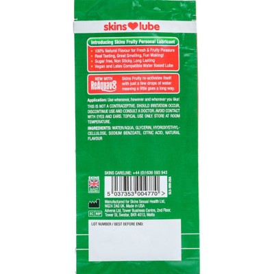 SKINS - LUBRIFICANTE À BASE DE ÁGUA COM SABOR DE MELANCIA - DOSE ÚNICA DE 5 ML - D-244891 - Dona Pimenta