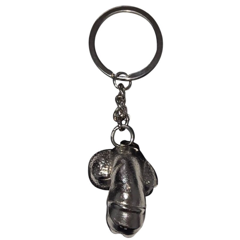 DIABLO PICANTE - CHAVEIRO DE METAL PRATEADO COM PÊNIS ENCOLHIDO - D-245413 - Dona Pimenta