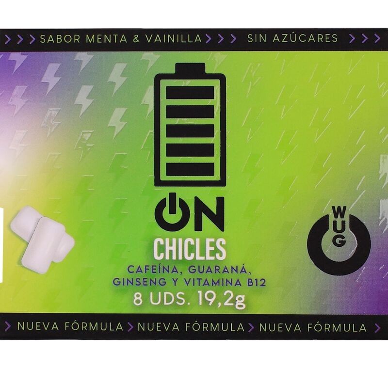 WUG ON - GOMA DE GUARANA FUNCIONAL COM CAFEÍNA, SABOR HORTELÃ E BAUNILHA, CARTELA COM 8 UNIDADES - D-246174 - Dona Pimenta