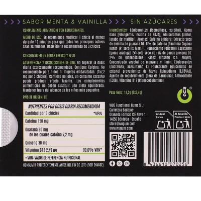 WUG ON - GOMA DE GUARANA FUNCIONAL COM CAFEÍNA, SABOR HORTELÃ E BAUNILHA, CARTELA COM 8 UNIDADES - D-246174 - Dona Pimenta