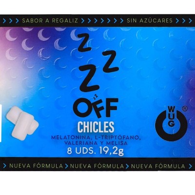 WUG OFF - GOMA DE MASCAR FUNCIONAL COM MELATONINA E VALERIANA, SABOR ALCAÇUZ, CARTELA COM 8 UNIDADES - D-246175 - Dona Pimenta