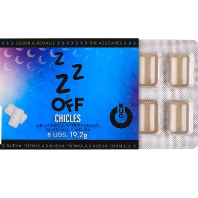 WUG OFF - GOMA DE MASCAR FUNCIONAL COM MELATONINA E VALERIANA, SABOR ALCAÇUZ, CARTELA COM 8 UNIDADES - D-246175 - Dona Pimenta