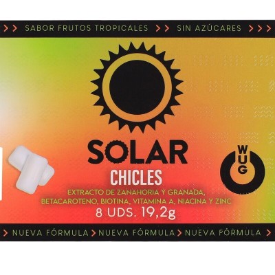 WUG SOLAR - GOMA DE MASCAR FUNCIONAL COM VITAMINAS E ZINCO, SABOR FRUTAS TROPICAIS, EM CARTELA COM 8 UNIDADES - D-246176 - Dona 