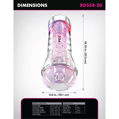 PDX ELITE - VIEWTUBE XXL LED TRANSPARENT STROKER 27,3 CM - D-246204 - Dona Pimenta