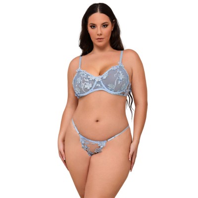SUBBLIME - 957629 CONJUNTO DE SUTIÃ E CALCINHA BORDADOS COM FLORES AZUL CELESTE S/M - D-242927 - Dona Pimenta