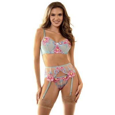 SUBBLIME - 957643 CONJUNTO DE SUTIÃ E CINTO-LIGA BORDADO COM FLORES ROSA S/M - D-242929 - Dona Pimenta
