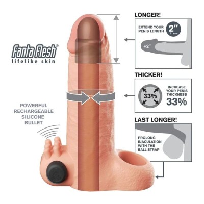 FANTASY X-TENSIONS - MANGA EXTENSORA DE PÊNIS VIBRATÓRIA COM SENSAÇÃO REALISTA DE 5CM BEGE - D-246388 - Dona Pimenta