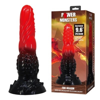 POWER MONSTERS - DILDO DE FANTASIA DRAGÃO DE FOGO COM VENTOSA 24,5 CM Ø 5,8 CM VERMELHO E PRETO - D-246094 - Dona Pimenta