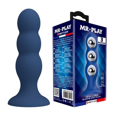 MR PLAY - PLUG ANAL COM BOLINHAS DE METAL E VENTOSA AZUL - D-245999 - Dona Pimenta