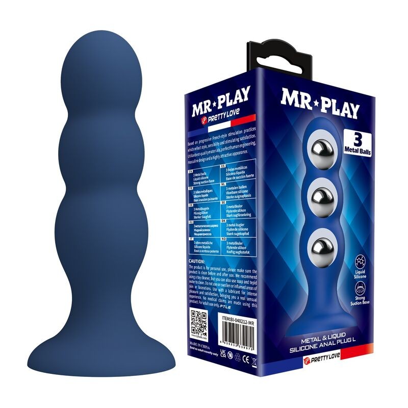 MR PLAY - PLUG ANAL COM BOLINHAS DE METAL E VENTOSA AZUL - D-245999 - Dona Pimenta