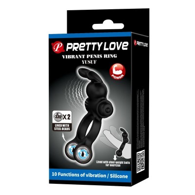 PRETTY LOVE - ANEL PENIANO VIBRATÓRIO COM ESTIMULADOR DE COELHINHO, 10 FUNÇÕES, PRETO - D-246037 - Dona Pimenta