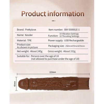 PRETTY LOVE - KESSLER VIBRADOR REALISTA COM 10 MODOS DE VIBRAÇÃO E 10 INTENSIDADES, 22 CM, MARROM - D-246859 - Dona Pimenta