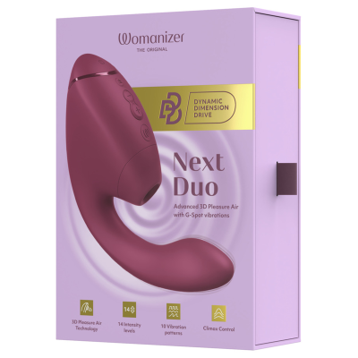 WOMANIZER - DUO NEXT ESTIMULADOR DUPLO DE CLITOR E PONTO G ROSA ESCURO - D-245097 - Dona Pimenta
