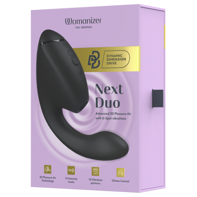 WOMANIZER - DUO NEXT ESTIMULADOR DUPLO DE CLITOR E PONTO G PRETO - D-245099 - Dona Pimenta
