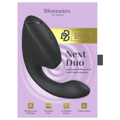 WOMANIZER - DUO NEXT ESTIMULADOR DUPLO DE CLITOR E PONTO G PRETO - D-245099 - Dona Pimenta