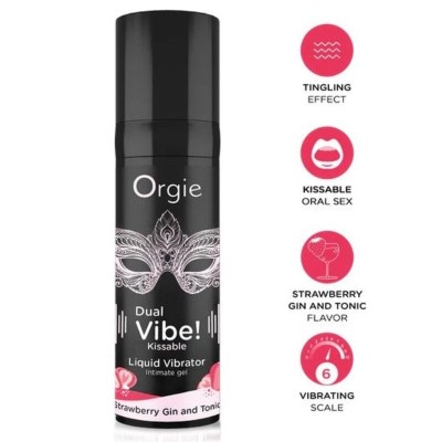 ORGIE - DUAL VIBE! VIBRADOR LÍQUIDO BEIJÁVEL COM SABOR DE MORANGO, GIN TÔNICA, 15 ML - D-246743 - Dona Pimenta