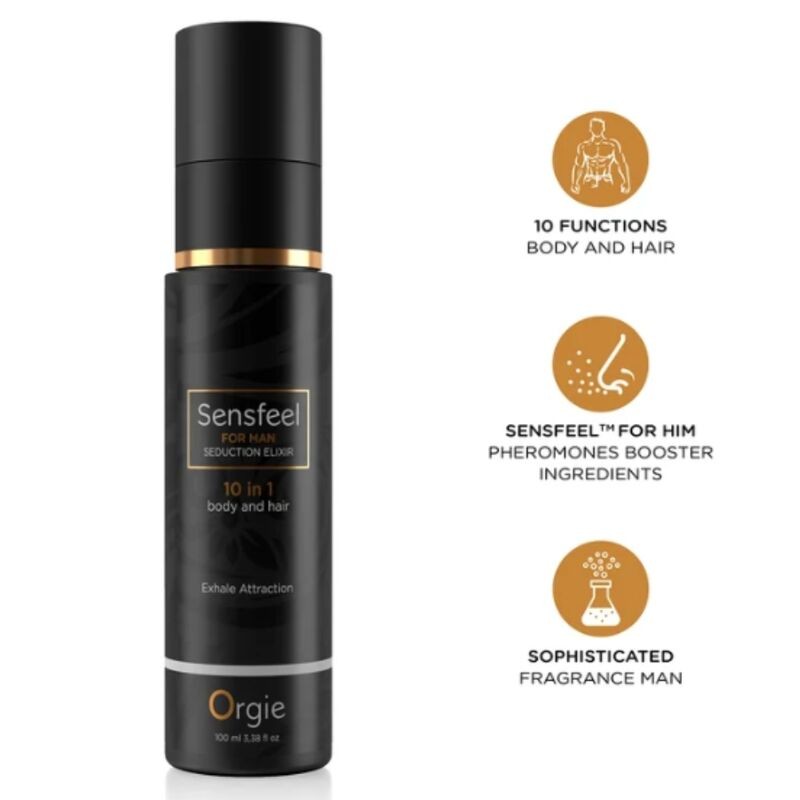 ORGIE - SENSFEEL PARA HOMENS ELIXIR DE SEDUÇÃO 10 EM 1 PARA CORPO E CABELO 100 ML - D-246801 - Dona Pimenta