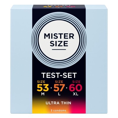 MISTER SIZE - PACOTE DE AMOSTRA DE PRESERVATIVOS TAMANHO 53-57-60 MM (3 UNIDADES) - D-242291 - Dona Pimenta
