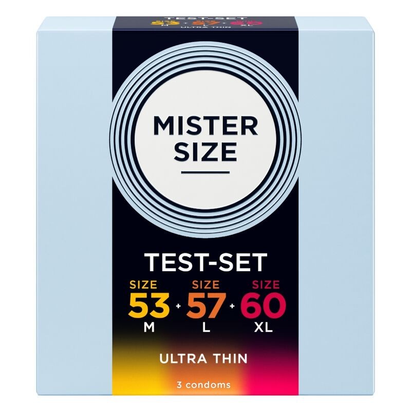 MISTER SIZE - PACOTE DE AMOSTRA DE PRESERVATIVOS TAMANHO 53-57-60 MM (3 UNIDADES) - D-242291 - Dona Pimenta