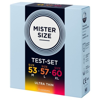 MISTER SIZE - PACOTE DE AMOSTRA DE PRESERVATIVOS TAMANHO 53-57-60 MM (3 UNIDADES) - D-242291 - Dona Pimenta