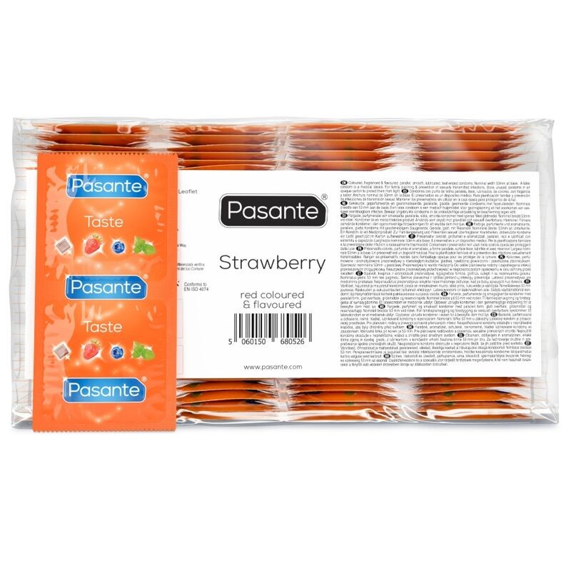 PASANTE - SACO DE PRESERVATIVO SABOR MORANGO 144 UNIDADES - D-236479 - Dona Pimenta