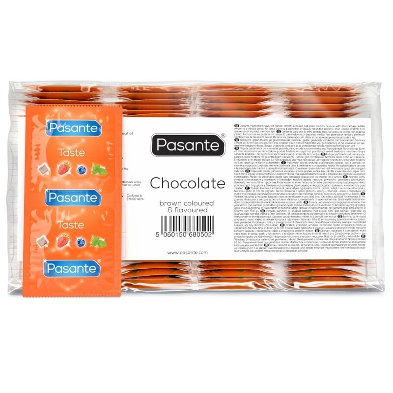 PASANTE - PRESERVATIVOS SABOR CHOCOLATE TENTAÇÃO SACO 144 UNIDADES - D-236480 - Dona Pimenta