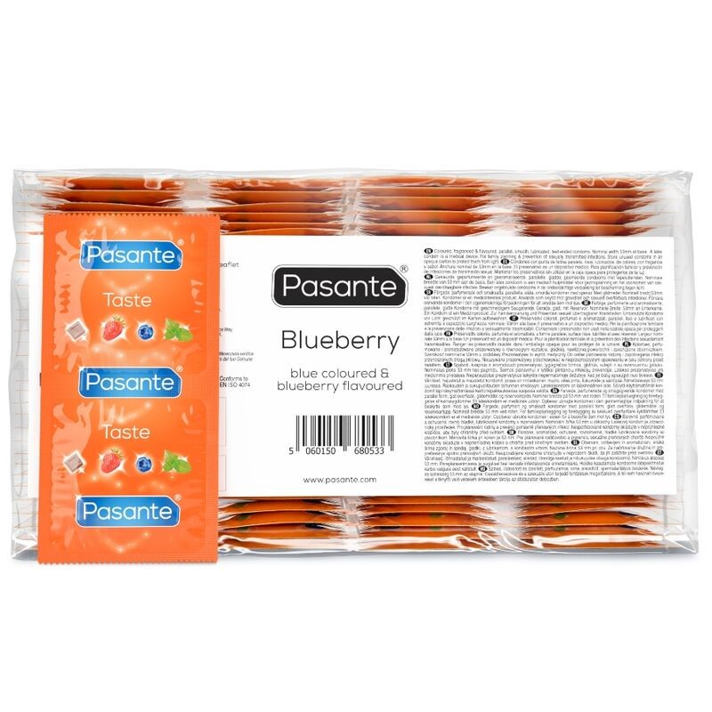 PASANTE - SACO DE PRESERVATIVO SABOR BLUEBERRY 144 UNIDADES - D-236434 - Dona Pimenta