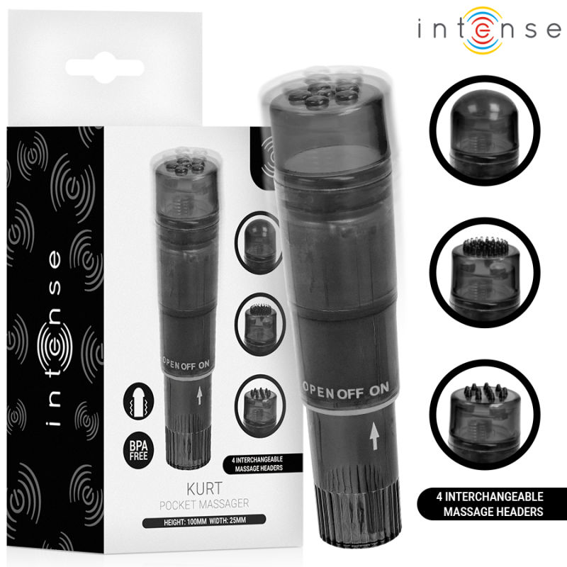 INTENSE - MINI MASSAGEADOR KURT COM 4 CABEÇAS INTERCAMBIÁVEIS PRETO - D-245646 - Dona Pimenta