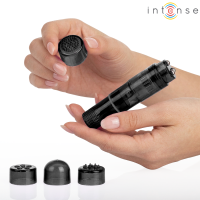 INTENSE - MINI MASSAGEADOR KURT COM 4 CABEÇAS INTERCAMBIÁVEIS PRETO - D-245646 - Dona Pimenta