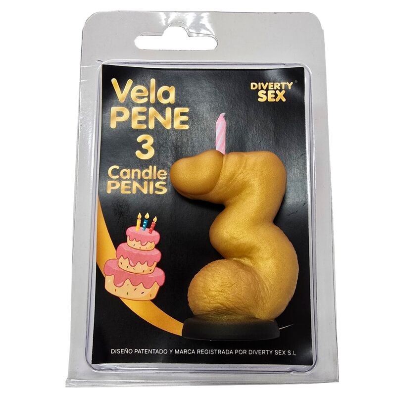 DIABLO PICANTE - VELA EM FORMATO DE PÊNIS COM O NÚMERO 3 NA COR DOURADA - D-246298 - Dona Pimenta
