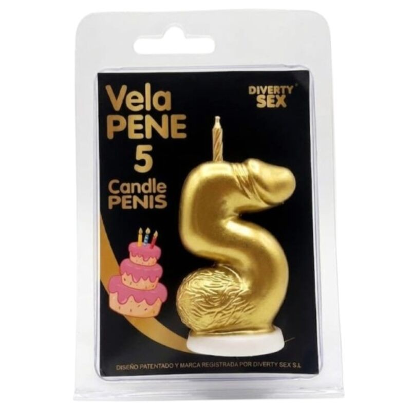 DIABLO PICANTE - VELA EM FORMATO DE PÊNIS COM O NÚMERO 5 NA COR DOURADA - D-246300 - Dona Pimenta