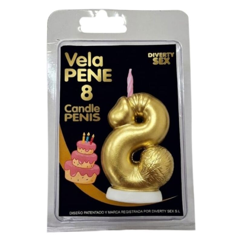 DIABLO PICANTE - VELA EM FORMATO DE PÊNIS COM O NÚMERO 8 NA COR DOURADA - D-246303 - Dona Pimenta