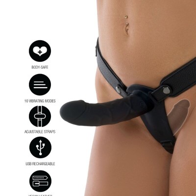 HIDDEN DESIRE - ARNÊS INFERNO COM DILDO VIBRATÓRIO DUPLO DE SILICONE DE 14 CM E CONTROLE REMOTO PRETO - D-246933 - Dona Pimenta