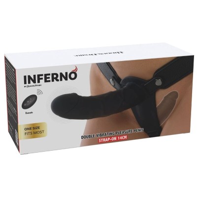 HIDDEN DESIRE - ARNÊS INFERNO COM DILDO VIBRATÓRIO DUPLO DE SILICONE DE 14 CM E CONTROLE REMOTO PRETO - D-246933 - Dona Pimenta