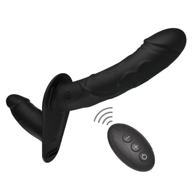 HIDDEN DESIRE - ARNÊS INFERNO COM DILDO VIBRATÓRIO DUPLO DE SILICONE DE 14 CM E CONTROLE REMOTO PRETO - D-246933 - Dona Pimenta