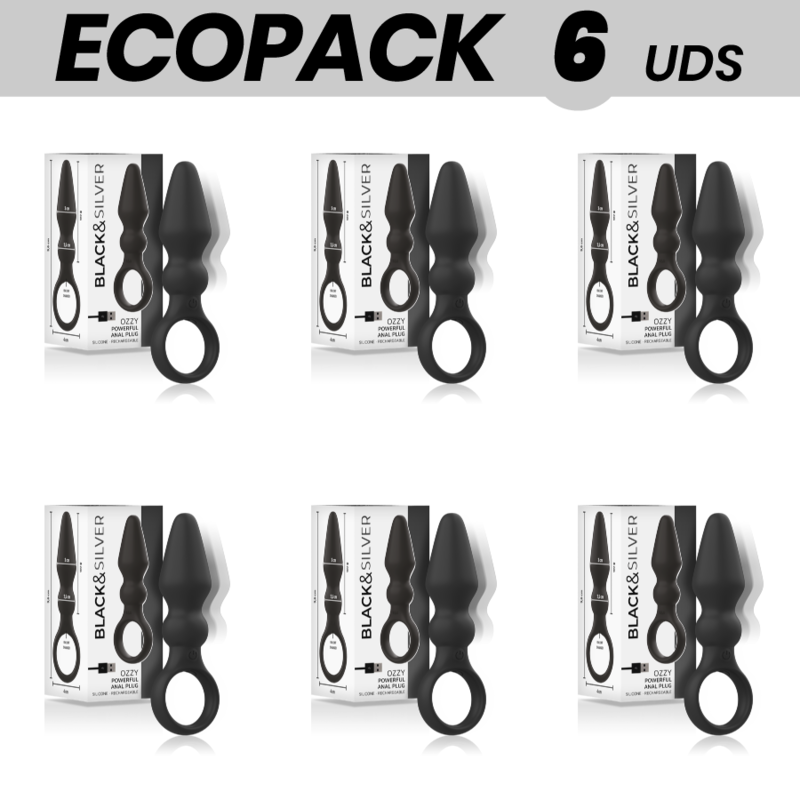 ECOPACK 6 UNIDADES - PLUG ANAL DE SILICONE PODEROSO BLACK&SILVER OZZY - D-234803 - Dona Pimenta